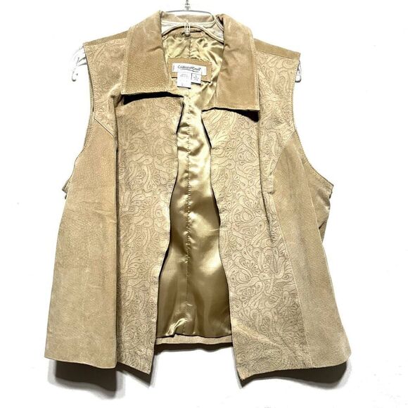 Coldwater Creek Leather Vest Open Front Tan Embossed Western Womens size Large - Picture 1 of 6